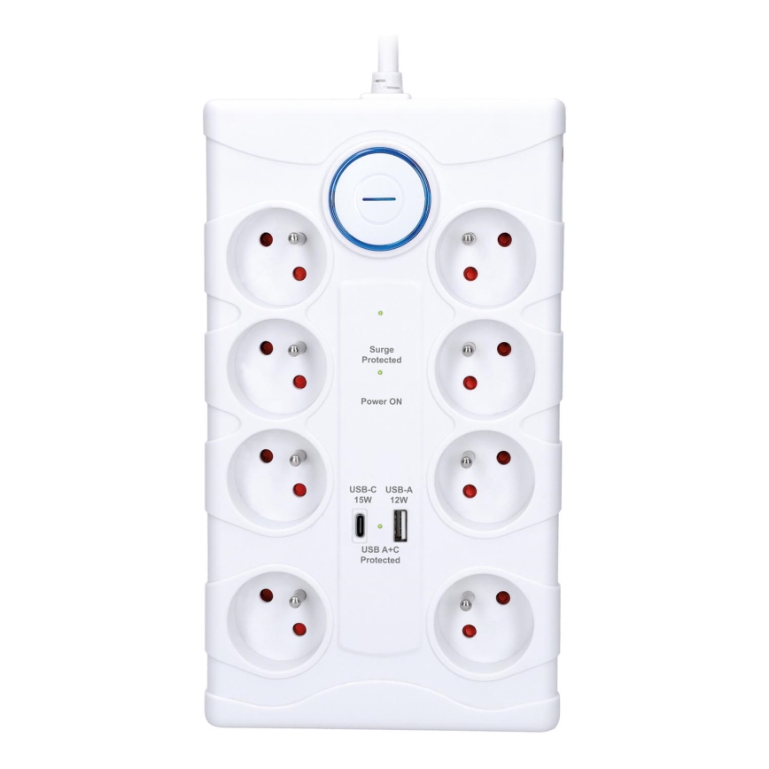 Pagarināšanas kabelis ar slēdzi 8Z E tips + 1xUSB-A + 1xUSB-C 2m balts