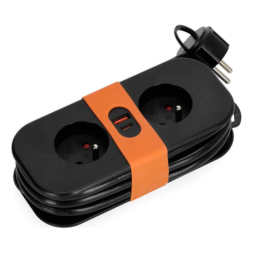 Pagarinātāja vads 2Z + 2xUSB 1,4 m melna