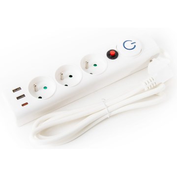 Pagarinātāja vads ar slēdzi 3Z Tips E + 2xUSB-A + 1xUSB-C 1,5m