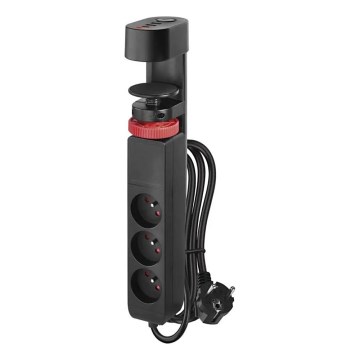 Pagarinātāja vads ar stiprinājumu pie galda 3Z + 3xUSB 1,5m melna