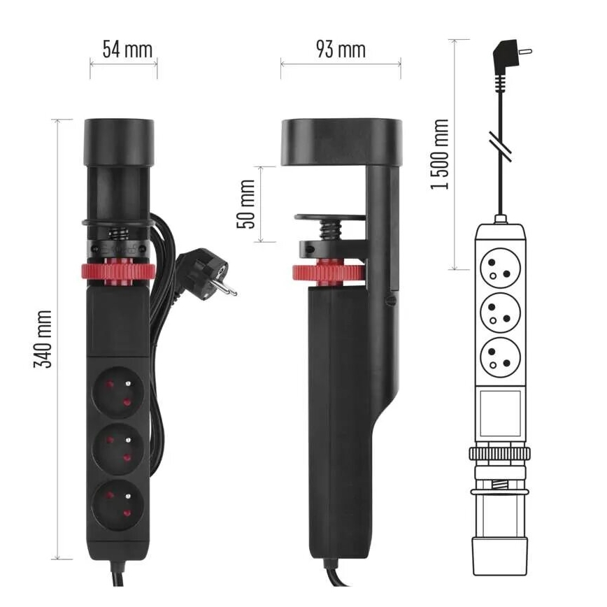 Pagarinātāja vads ar stiprinājumu pie galda 3Z + 3xUSB 1,5m melna