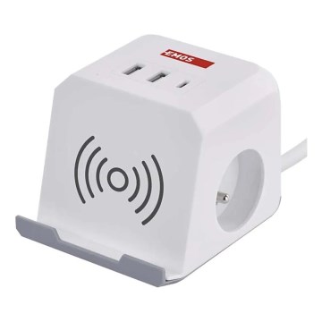 Pagarinātāja vads kubs ar bezvadu lādētāju QI 2Z +2xUSB-A+1xUSB-C 2m balta