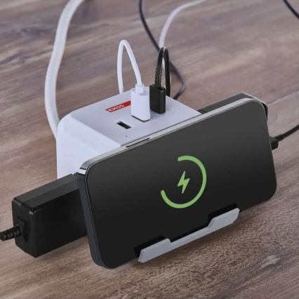Pagarinātāja vads kubs ar bezvadu lādētāju QI 2Z +2xUSB-A+1xUSB-C 2m balta