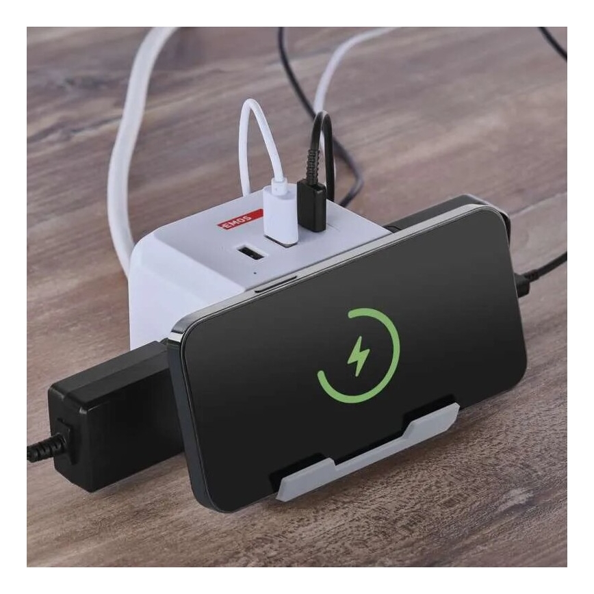 Pagarinātāja vads kubs ar bezvadu lādētāju QI 2Z +2xUSB-A+1xUSB-C 2m balta