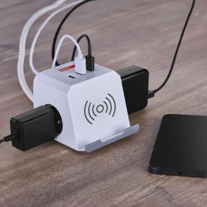 Pagarinātāja vads kubs ar bezvadu lādētāju QI 2Z +2xUSB-A+1xUSB-C 2m balta