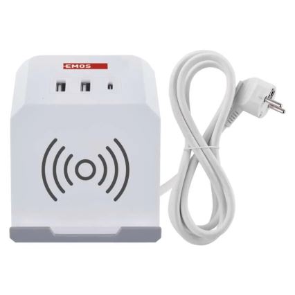 Pagarinātāja vads kubs ar bezvadu lādētāju QI 2Z +2xUSB-A+1xUSB-C 2m balta