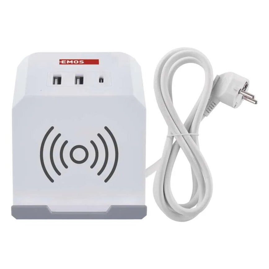 Pagarinātāja vads kubs ar bezvadu lādētāju QI 2Z +2xUSB-A+1xUSB-C 2m balta