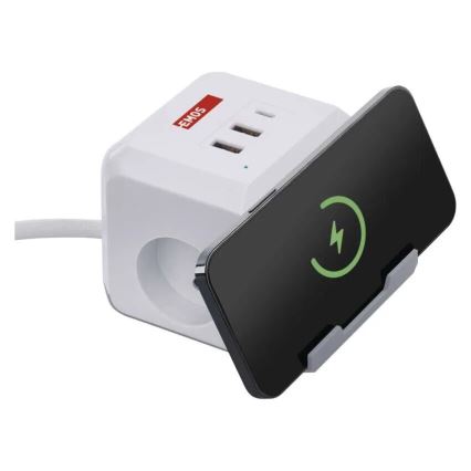 Pagarinātāja vads kubs ar bezvadu lādētāju QI 2Z +2xUSB-A+1xUSB-C 2m balta