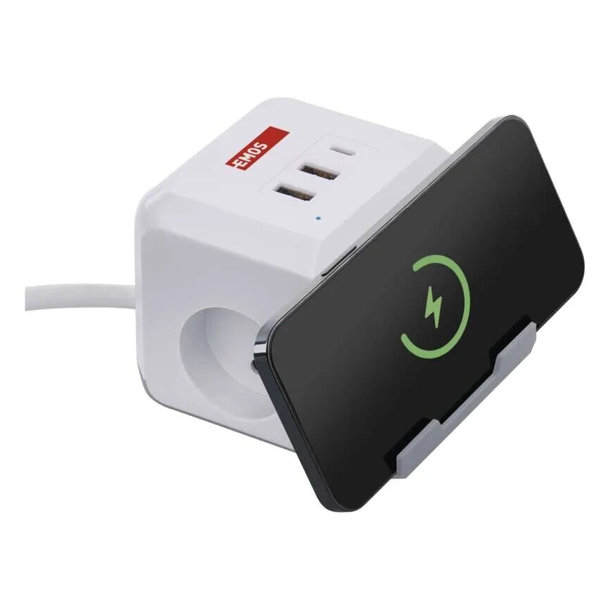 Pagarinātāja vads kubs ar bezvadu lādētāju QI 2Z +2xUSB-A+1xUSB-C 2m balta