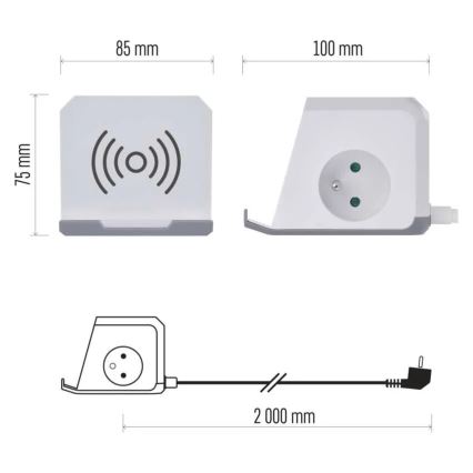 Pagarinātāja vads kubs ar bezvadu lādētāju QI 2Z +2xUSB-A+1xUSB-C 2m balta