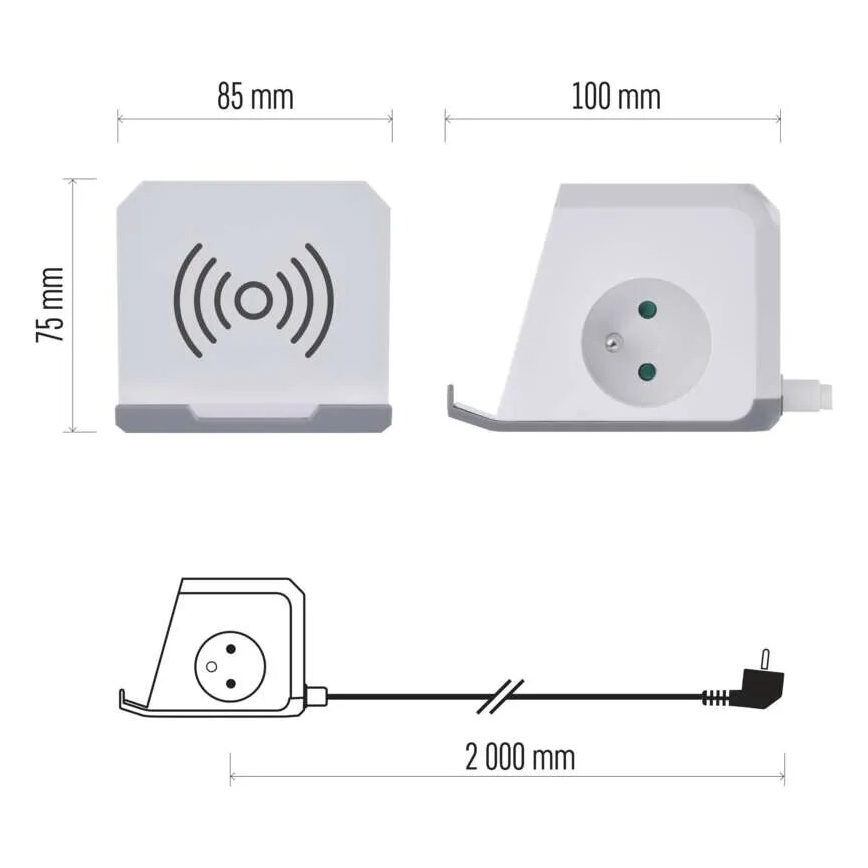 Pagarinātāja vads kubs ar bezvadu lādētāju QI 2Z +2xUSB-A+1xUSB-C 2m balta