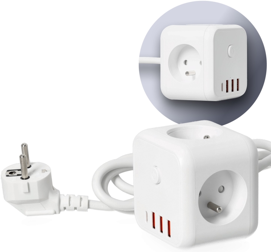 Pagarinātāja vads kubs ar slēdzi LINEA 3x230V + 4xUSB A/C balta