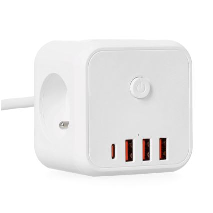Pagarinātāja vads kubs ar slēdzi LINEA 3x230V + 4xUSB A/C balta