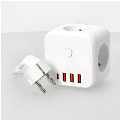 Pagarinātāja vads kubs ar slēdzi LINEA 3x230V + 4xUSB A/C balta