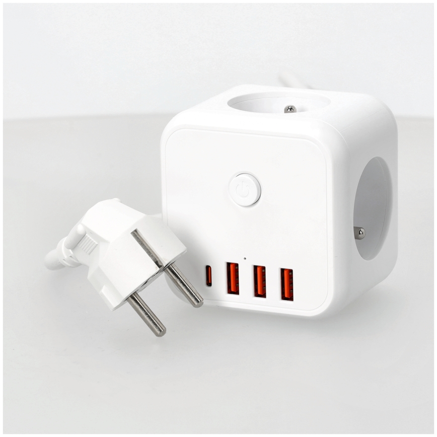 Pagarinātāja vads kubs ar slēdzi LINEA 3x230V + 4xUSB A/C balta