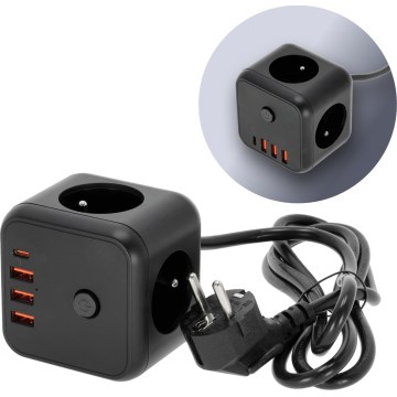 Pagarinātāja vads kubs ar slēdzi LINEA 3x230V + 4xUSB A/C melna