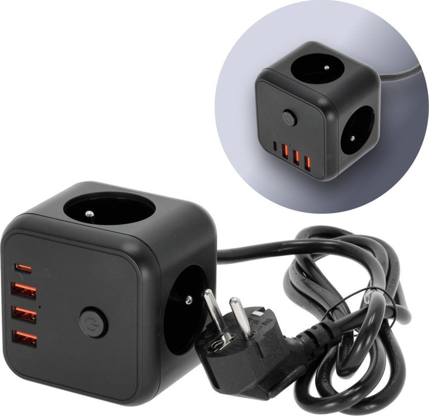 Pagarinātāja vads kubs ar slēdzi LINEA 3x230V + 4xUSB A/C melna