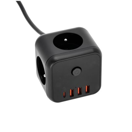 Pagarinātāja vads kubs ar slēdzi LINEA 3x230V + 4xUSB A/C melna