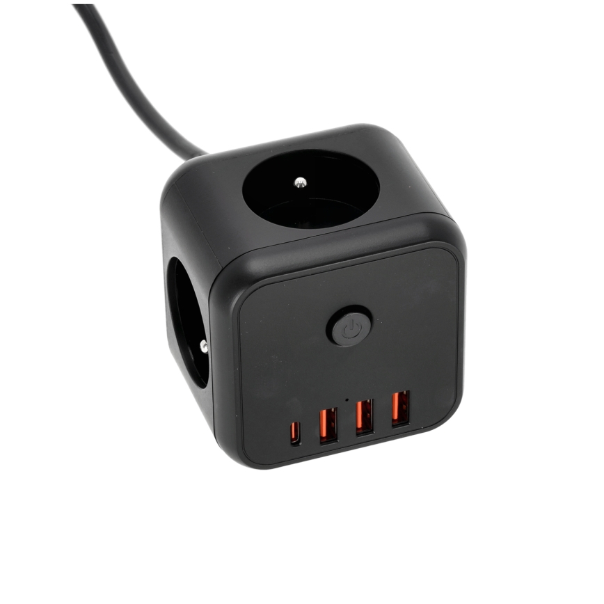 Pagarinātāja vads kubs ar slēdzi LINEA 3x230V + 4xUSB A/C melna