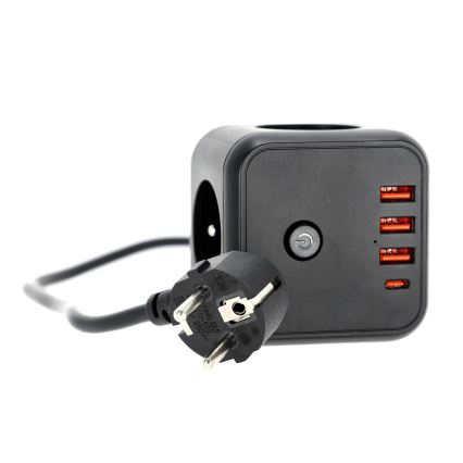 Pagarinātāja vads kubs ar slēdzi LINEA 3x230V + 4xUSB A/C melna
