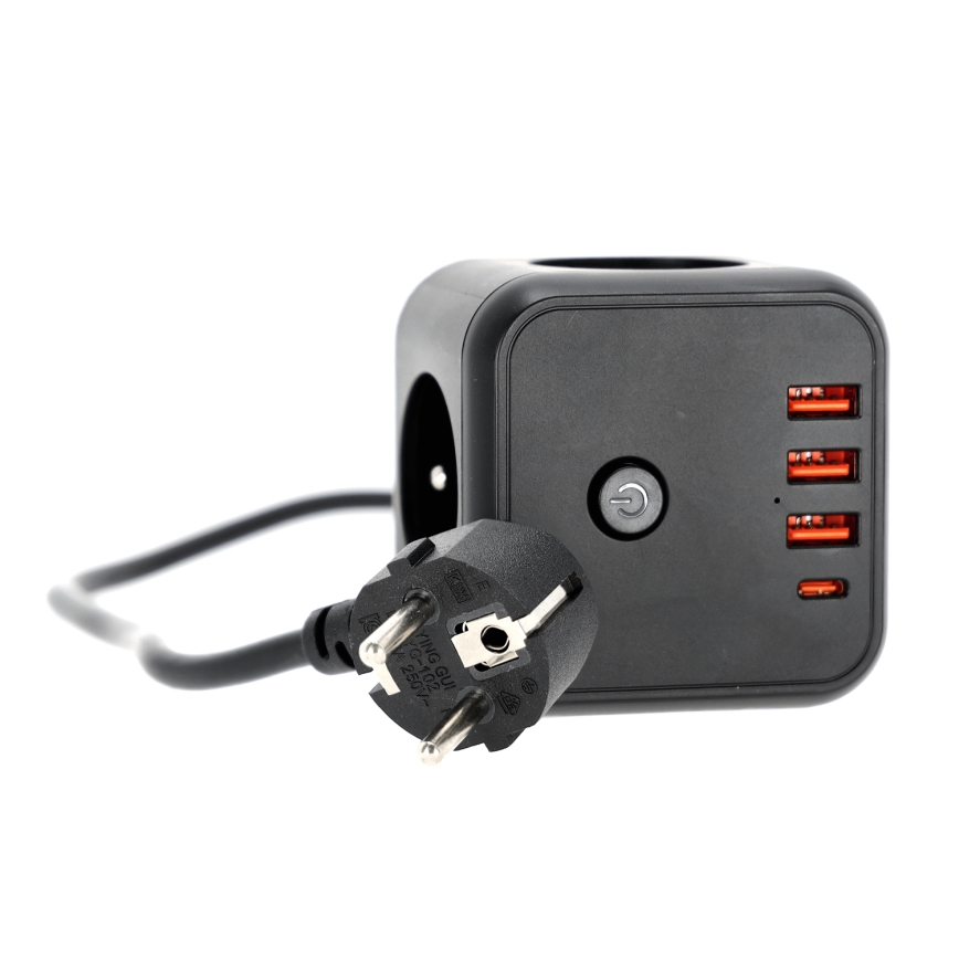 Pagarinātāja vads kubs ar slēdzi LINEA 3x230V + 4xUSB A/C melna