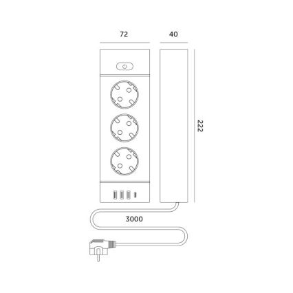 Strāvas sadalītājs ar slēdzi LINEA PRO 3x230V + 3xUSB-A + 1xUSB-C SCHUKO 3 m balts