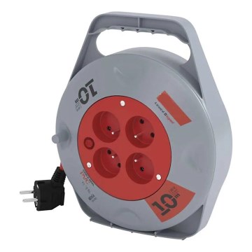 Pagarinātājs uz spoles ar 4 kontaktligzdām, 10 m, pelēks/sarkans