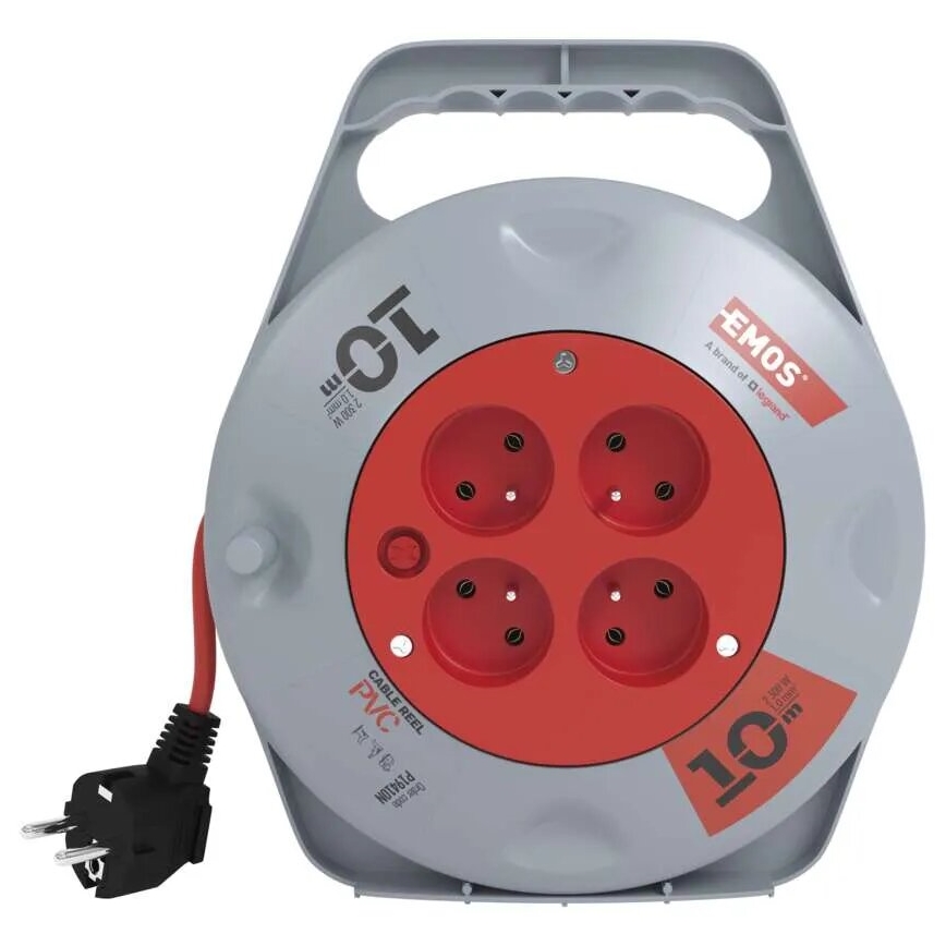 Pagarinātājs uz spoles ar 4 kontaktligzdām, 10 m, pelēks/sarkans