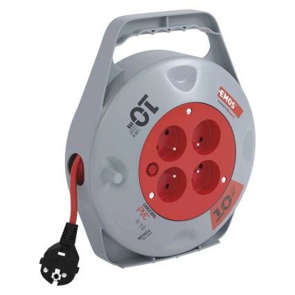 Pagarinātājs uz spoles ar 4 kontaktligzdām, 10 m, pelēks/sarkans