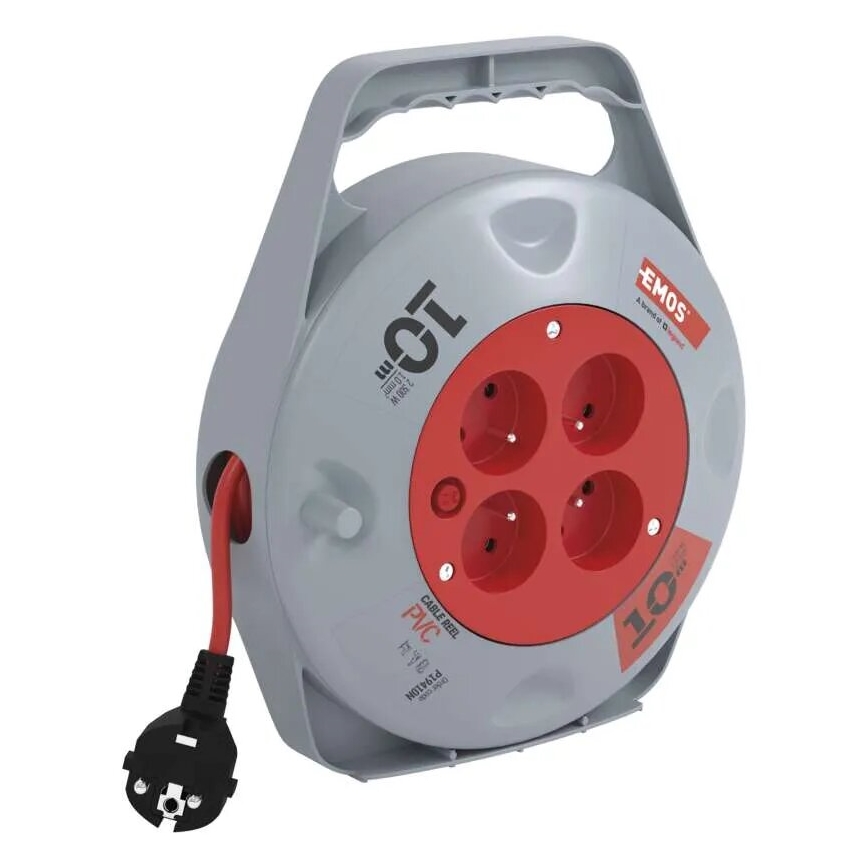 Pagarinātājs uz spoles ar 4 kontaktligzdām, 10 m, pelēks/sarkans