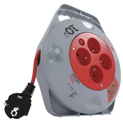 Pagarinātājs uz spoles ar 4 kontaktligzdām, 10 m, pelēks/sarkans