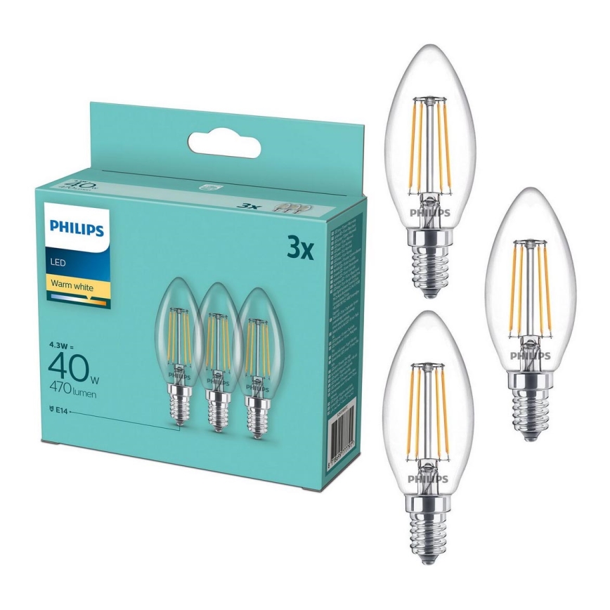 PAKA 3x LED Spuldze Philips B35 E14/4.3W/230V 2,700K