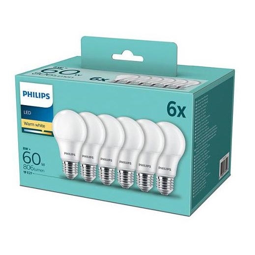 PAKA 6x LED Spuldze Philips A60 E27/8W/230V 2,700K