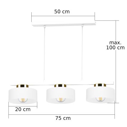 Pakaramā lampa IGNIA uz stieples 3xE27/60W/230V, balta