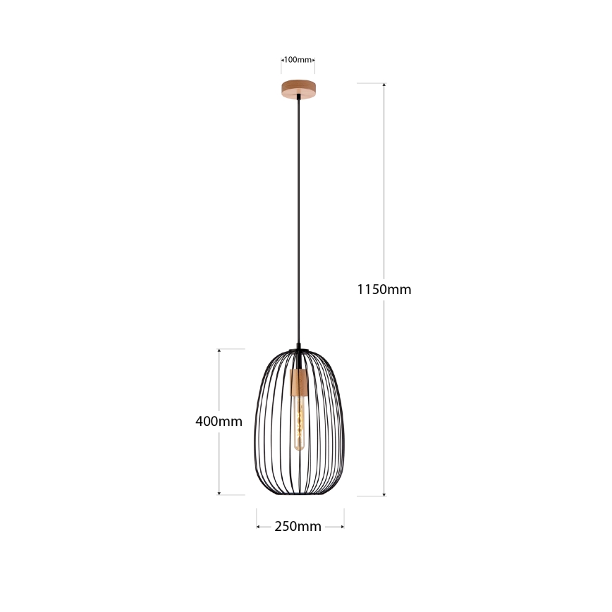 Pakaramā lampa OVELLA uz vada 1xE27/15W/230V, Ø 25 cm, melna/priede