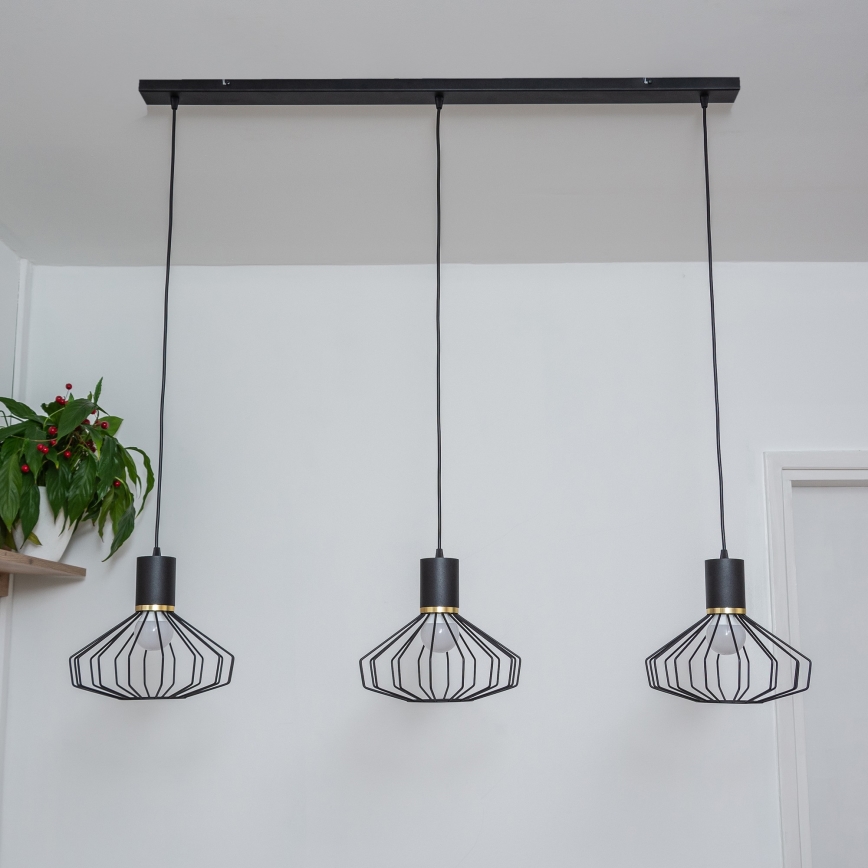 Pakaramā lustra uz kabeļa SOLANO 3x E27/15 W/230 V melna/zelta