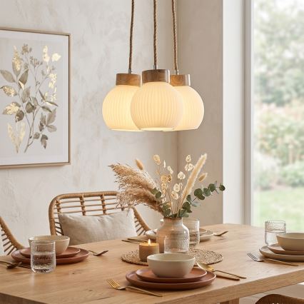 Pakaramais lustrs LOOMIS uz troses, 3xE27/15W/230V, 83 cm, bēšs/ozols