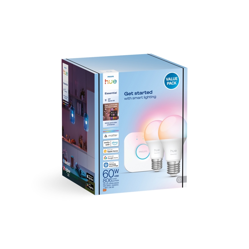 Sākuma komplekts Philips Hue White And Color Ambiance Essential 2xE27/8W/230V 2200-6500K + savienojuma ierīce