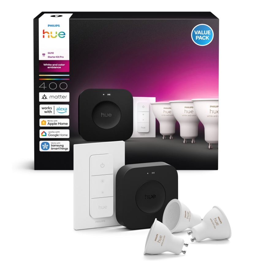 Pamata komplekts Philips Hue WHITE AND COLOR AMBIANCE 3xGU10/4,2W 2000-6500K + savienojuma ierīce
