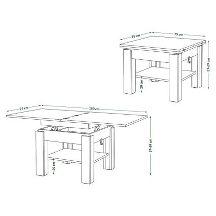 Paplašināmais kafijas galds CALEB ar paceļamu virsmu, 75/150x75 cm, balts