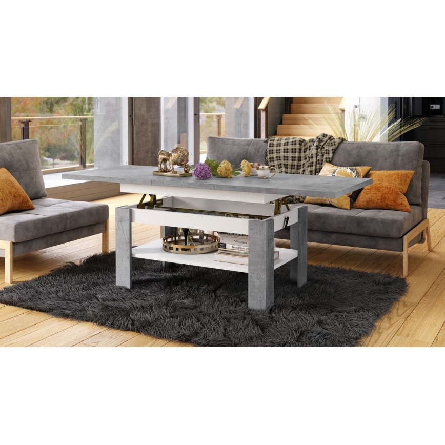 Paplašināms kafijas galdiņš ar paceļamu virsmu ROY 130/170x65 cm betona pelēks/balts