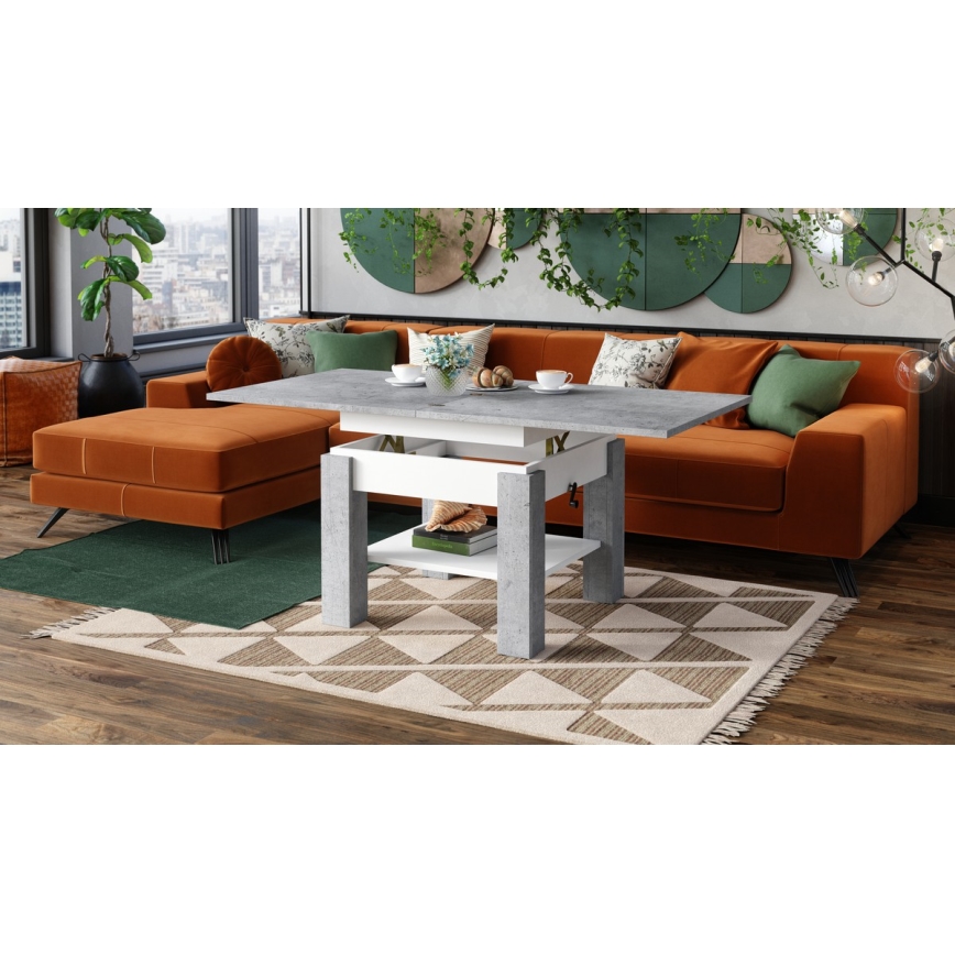 Paplašināms konferenču/ēdamistabas galds ar paceļamu galda virsmu CALEB betona pelēks/balts