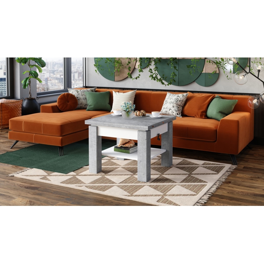 Paplašināms konferenču/ēdamistabas galds ar paceļamu galda virsmu CALEB betona pelēks/balts