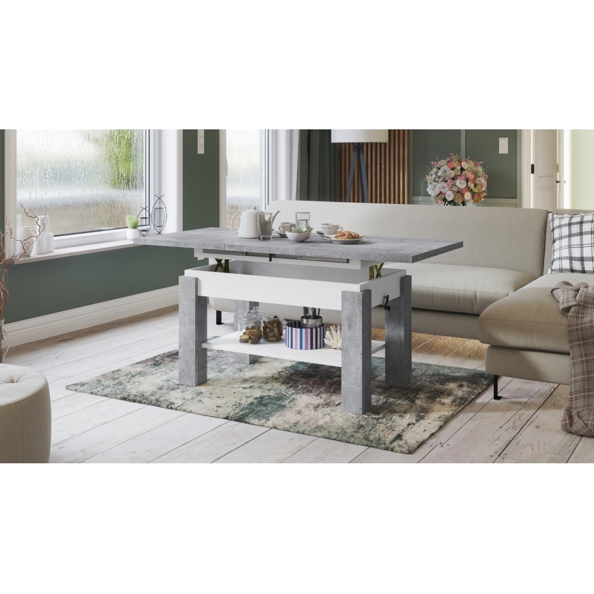 Paplašināms žurnālgalds ar plauktu ADONIS 110/150x68 cm betona pelēks/balts