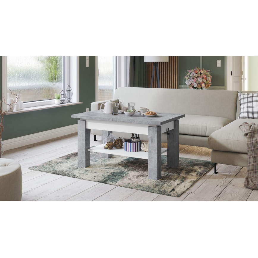 Paplašināms žurnālgalds ar plauktu ADONIS 110/150x68 cm betona pelēks/balts