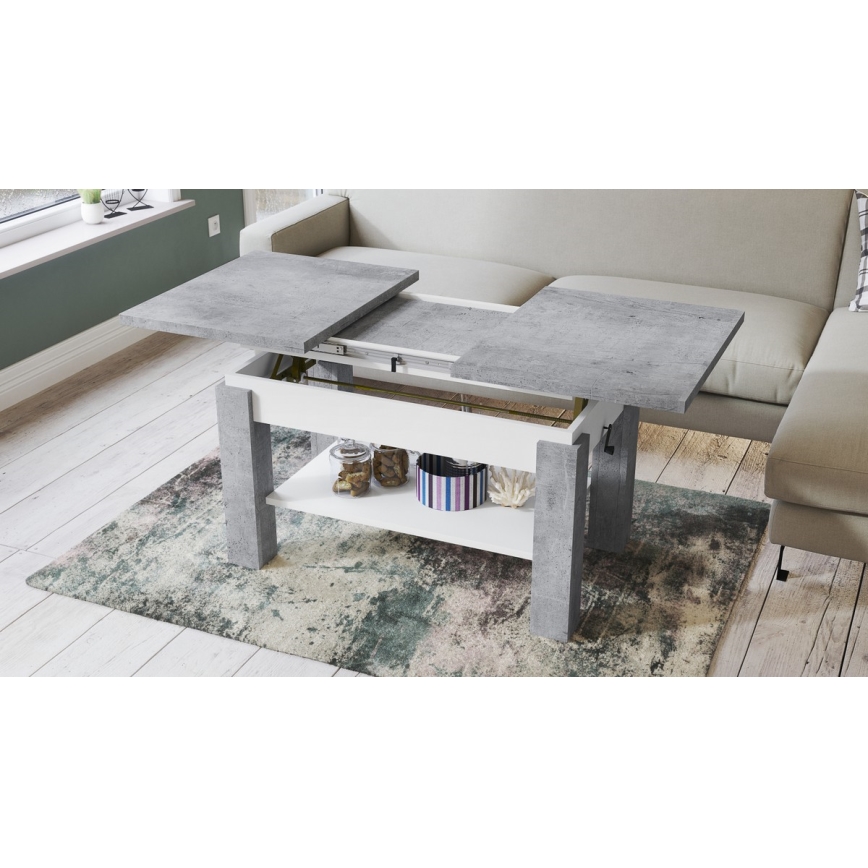 Paplašināms žurnālgalds ar plauktu ADONIS 110/150x68 cm betona pelēks/balts