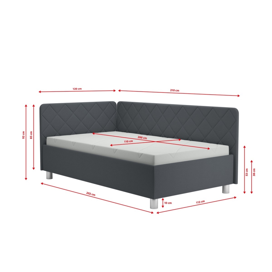 Polsterēta dīvāngulta ar uzglabāšanas nodalījumu un matraci EMILE 110x200 cm pelēka
