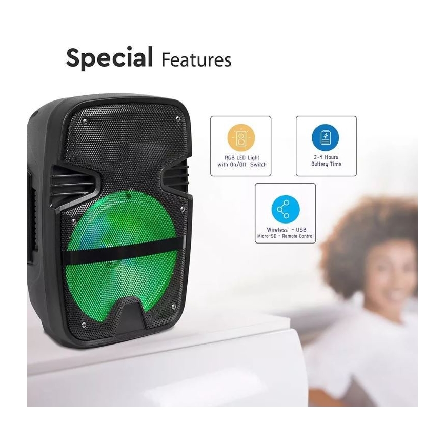 Pārnēsājams Bluetooth skaļrunis ar mikrofonu 15W/3,7V LED RGB + TP