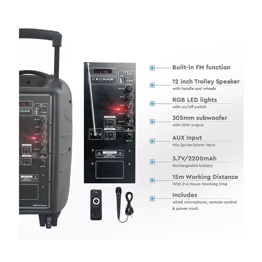 Pārnēsājams Bluetooth skaļrunis ar mikrofonu 35W/3,7V LED RGB + TP