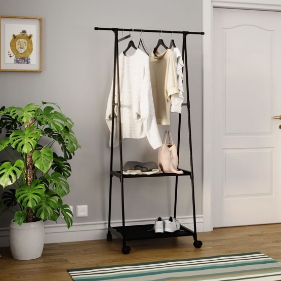Pārvietojams metāla pakaramais ar plauktiem OLAZEN 157x85 cm melna